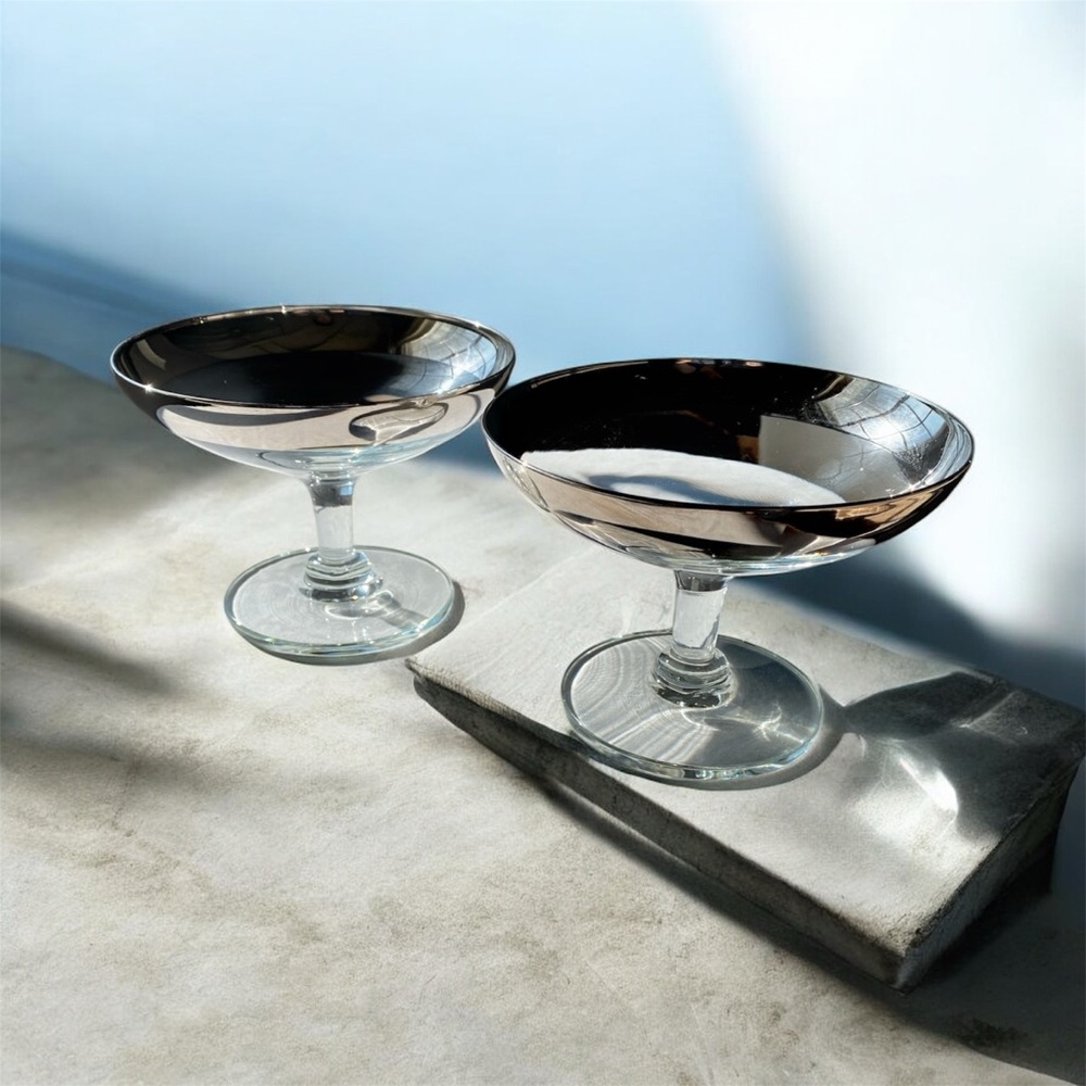 Silver-Banded Glass Coupe Pair